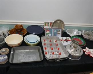 Pyrex bowls, casseroles, commercial cooking pans, Wilton cake pans
