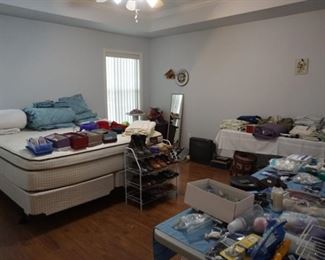 King bed, shoes, assorted household items, king comforter & mattress cover