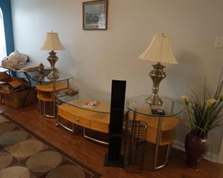 Two end tables & a matching coffee table, lamps, CD holders, floral display, area rug