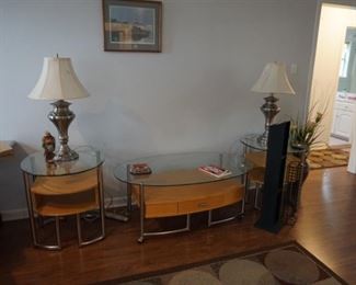 Two end tables with matching coffee table, matching lamps, CD towers,