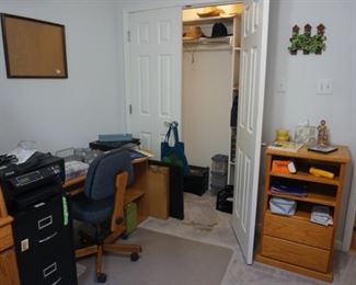 Small desk, office chair, small cabinet, Art portfolio, vintage artist/calligraphy set in large wooden carrier, hats