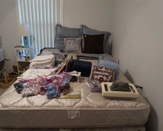 Queen bed, Ty beanie babies (sold), massager,