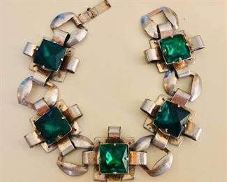 $60 Sterling silver and green stone bracelet.  8"L.  1"W 