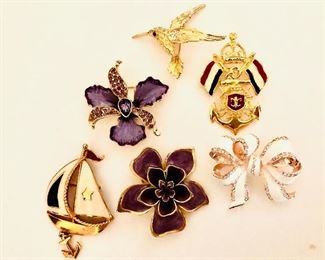 $12 Each Enamel and gold tone pins of all kinds.  Purple orchid is signed Anne Klein. Both flower pins and hummingbird pin  SOLD 