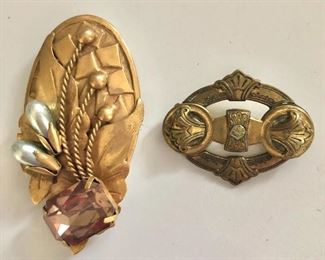  $30 ea  Art deco pins 31/4" L by 1.5" Wide largest one, note what happens when left pin is twisted open  PIn on right SOLD 