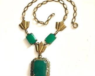 $50 Art deco green brass necklace.  17"L and pendant: 2.5"L