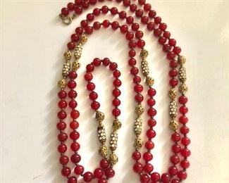 $60 Super Long red beaded flapper necklace.   59"L