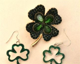 $10 each green clover earrings AVAILABLE and clover pin  SOLD 
