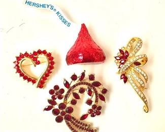 $8 each red and red and white rhinestone pins  Hershey's Kiss pin SOLD 