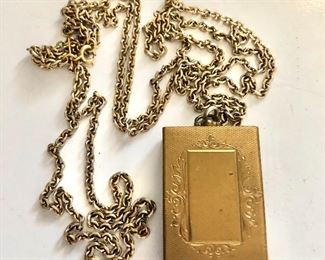 $45 Art deco Matchbox holder on chain.  Case: 1.8"x 1.3" and chain: 56"L