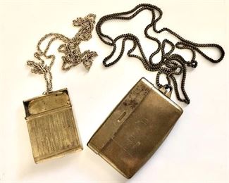 $25 each vintage holders right for business cards (has initials on it). Left: 2.2"x1.8" and chain: 29"L. Right: 3"x2" and chain: 35"L