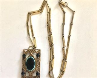 $35  Art deco square pendant on chain modified from fur clip.  24"L and pendant: 1.8"L 