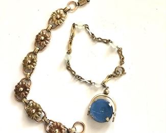 $20 ea Vintage gold tone bracelet.  One on right intaglio stamped "Always at Home" 7" L 