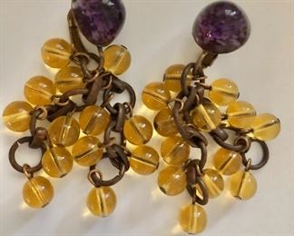 $35 Purple and yellow glass ball clip earrings 2 and 1/2" L 