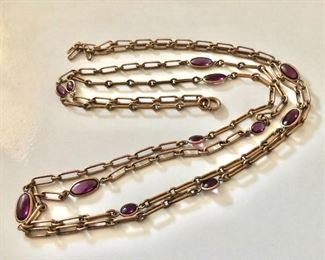 $45 Extra Long purple stone and burnished gold tone art deco flapper necklace 52" L 