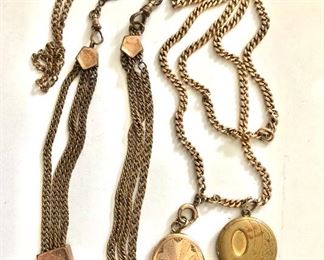 $45 LOT Vintage lockets, pocket watch chain 