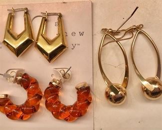 $10 each pierced earrings gold tone various designs  Amber hoops and geometric gold tone earrings SOLD 
