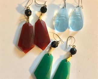 $22 each glass pierced earrings , pagoda carved  in blue stone earrings Green earrings 2" long 