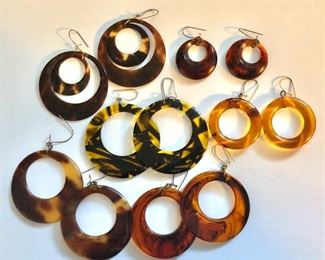 $15 ea, $20 bakelite ( far right apple juice bakelite earrings SOLD )Center hoops 2" long (upper left, lower right hoops sold)