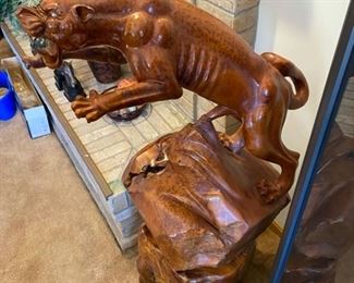 4ft Tall 2-piece Burl Wood Hand-Carved Panther