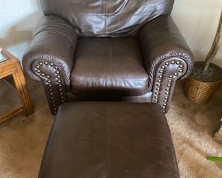 Leather Brown Studded Chair & Ottoman - Chair 36" Tall x 38" Deep x 46" Wide. Ottoman 24" x 26" x 17" Tall - Pre-Sale $150