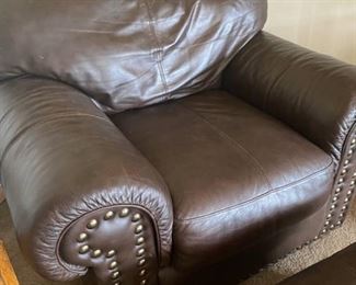Leather Brown Studded Chair & Ottoman - Chair 36" Tall x 38" Deep x 46" Wide. Ottoman 24" x 26" x 17" Tall - Pre-Sale $150