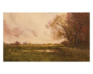 Julian Onderdonk (1882-1922), "An October Afternoon, New Jersey", 1909, oil on board, 6.25 x 9.25", original frame from Onderdonk's New York City framer Louis Katz: 13.5 x 17.5" (LOT #12)