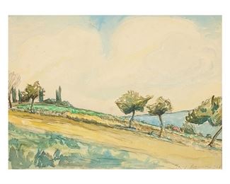 Mary Bonner (1887-1935), Provincial French Landscape, 1926, watercolor, 13.5 x 18”, frame: 22.5 x 27.5" (LOT #9)