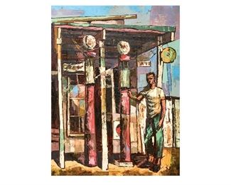 Cecil Casebier (1922-1996), "Service Station", 1952, oil on masonite, 39.5 x 30", frame: 48 x 38.5" (LOT #177)