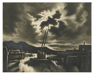 Gene Kloss (1903-1996), "Moonlit Kiva", etching, ed. 35, sight: 12.5 x 15.5", frame: 19.25 (LOT #5)