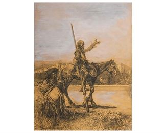 Jose Arpa (1858-1952), Don Quixote and Sancho Panza, charcoal on paper, sight: 26 x 20", frame: 29.5 x 23.5" (LOT #8)