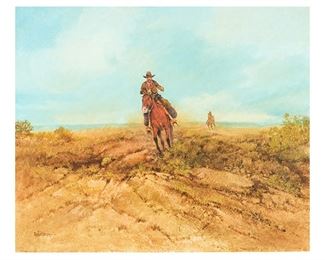 Raul Gutierrez (b. 1935), Two Riders, oil on canvas, 20 x 24", frame: 28.75 x 32.75" (LOT #86)