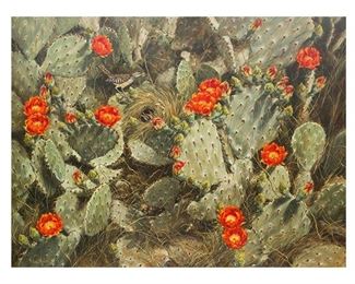 Helen Hunter (1920-2003), Blooming Cactus, 1985, oil on canvas, 36 x 48", frame: 48.75 x 60.75" (LOT #14)