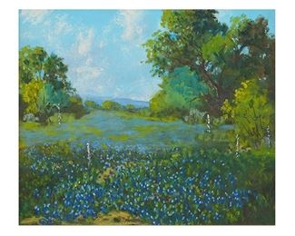 Carl Hoppe (1897-1981), Bluebonnets near Camp Wood, TX, 1968, oil on board, 12 x 14", frame: 15 x 17" 