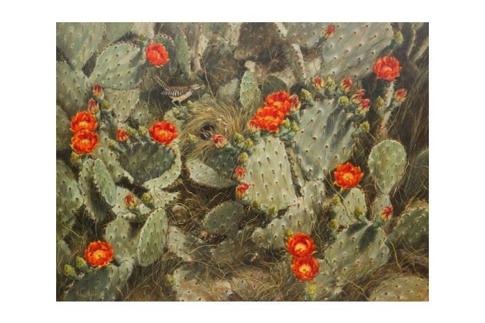 Helen Hunter (1920-2003), Blooming Cactus, 1985, oil on canvas, 36 x 48 in., frame: 48.75 x 60.75 in.