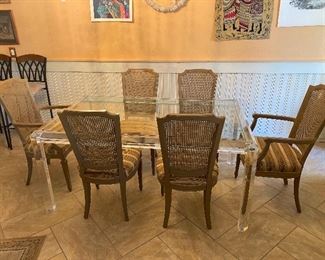 Acrylic glass top dining table with six chairs
