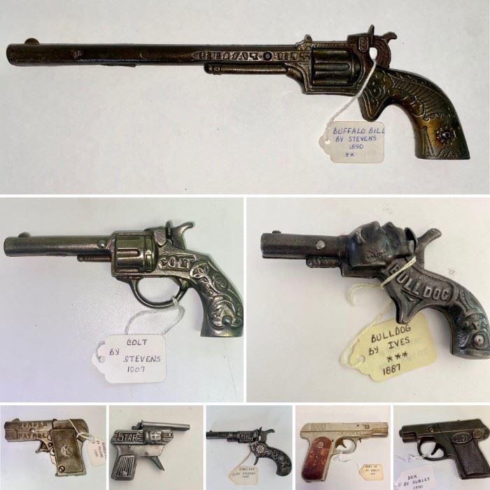 Rare Collection of Antique & Vintage Cast Iron Cap Guns: 1890 Stevens Buffalo Bill Long Barrell, 1907 Stevens Colt, 1887 Ives Bulldog, 1945 Hubley Arms, 1935 Kilgore Border Patrol, Star Tin Roll, 1880 Stevens King & More!