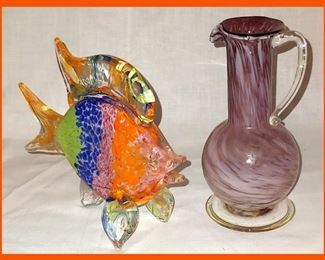 Colorful Glass Fish and Cased Glass Pitcher