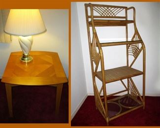 End Table is One of a Matching Pair, Lamp is One of a Matching Pair and Very Nice Tall Rattan Shelving Unit