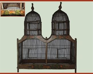 Large Double Birdcage Showing Close Up of Hand Painting; One Finial Needs Repair