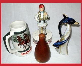Budweiser Mug, Music Box in working order, Wooden Vessel and Dolphin Figurine 