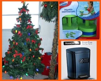 One of the Assembled Christmas Trees Available and a Decorated Palm Tree, New in Box Aquatic Exercise Set and New in Box Tramontina Step Can 
