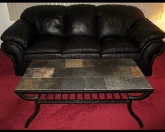 Overstuffed Comfy Leather Sofa in Excellent Condition and Tile Top Coffee Table 