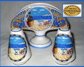 Toukassis Greece Napkin Holder and Salt and Pepper Shakers Hand Made in Moschato Greece 