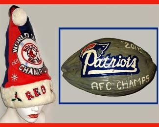 Boston Red Sox Santa Hat and Patriots Hand Painted Coconut