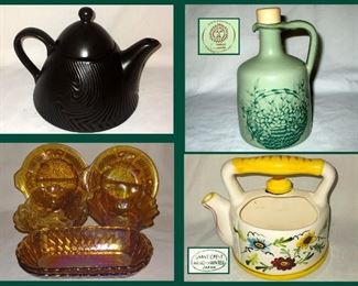 Elegant Mid Century Modern Style Teapot, Fratantoni Bottle, Carnival Glass and Small Planter