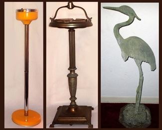 Vintage Smoking Stands and Cast Iron Heron Statue
