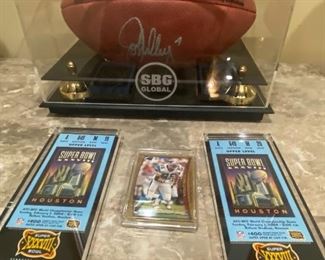 John Elway MVP Super Bowl 33 signed football and Super Bowl 38 official tickets and Wesley Walls football card