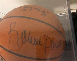NBA signed basketball - names include Robert Parrish, Scott Burrell, Michael Adams and more
