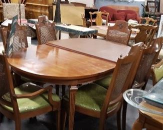 Vintage MCM Mid Century Solid wood with burled accents China Cabinet & Hutch, Dining Room Table w/3 Leafs & 6 Lenore chair Co. Cane back, green padded fabric seat Chairs (2 arm & 4 side) Table 64"W x 44"D x 29"H leafs 12"W each China cabinet 60"W x 17"D x 765.25"H Entire Set WAS $1995 NOW $1495